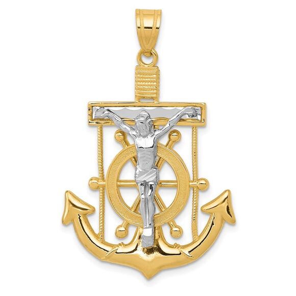 14k Two Tone Gold Diamond-cut Mariners Crucifix Cross Pendant 26x42mm
